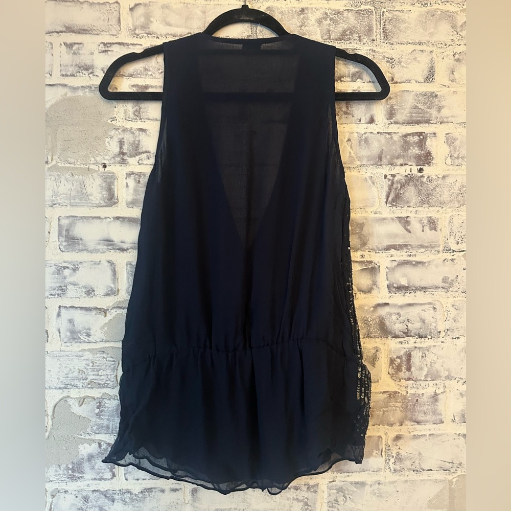 Ecru | Navy Blue Sequined Deep V Going Out Top - Picture 5 of 9